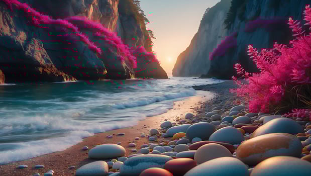 Coastal Landscape with Rocks, Waves, and Pink Flowers photo
