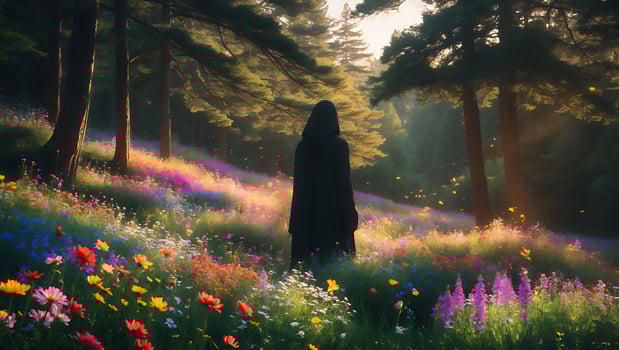 Person in Robe Standing in Colorful Flower Field with Trees photo