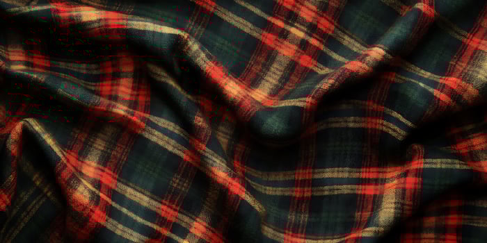 A crumpled fabric with a plaid pattern in red and green hues photo