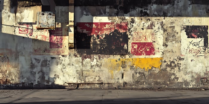 Weathered wall with peeling posters and graffiti art style photo