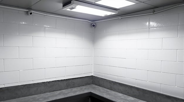 two security cameras installed in a corner of a white brick room photo