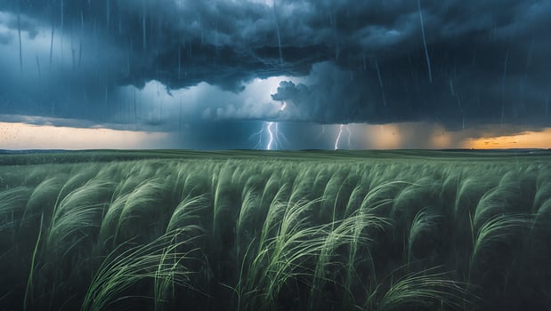 Grass Field Under Dark Storm Clouds and Lightning photo