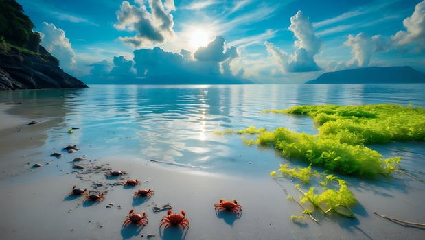 Crabs on Beach with Algae, Sea and Clouds photo