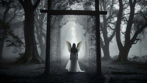 Angel in Dress in Foggy Forest with Gate photo
