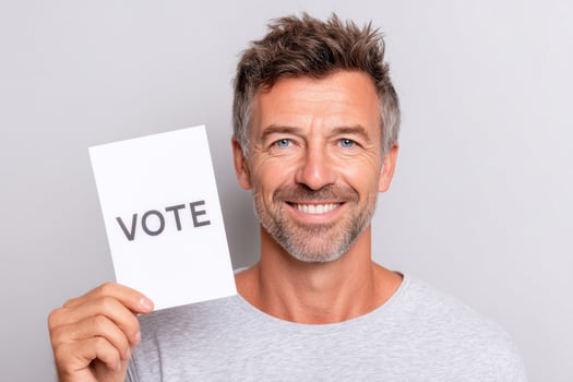 Engaging man holding a vote sign with a confident smile promoting civic participation and encouraging others to take part in the democratic process voting awareness concept photo