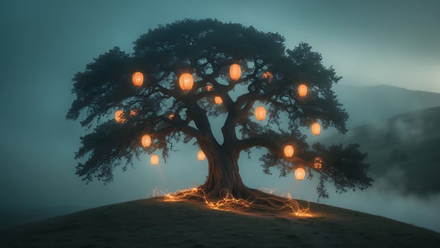 Magical Tree with Lanterns on Hill in Foggy Landscape photo