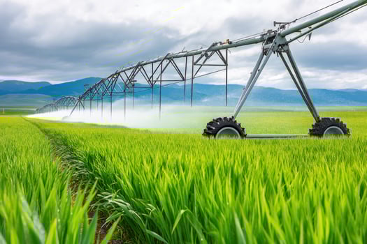 Irrigation system watering lush green rice field under cloudy sky showcasing agricultural technology and sustainable farming practices healthy farming concept photo