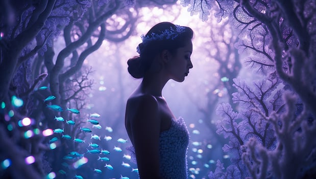 Woman in Ethereal Forest with Swimming Fish photo