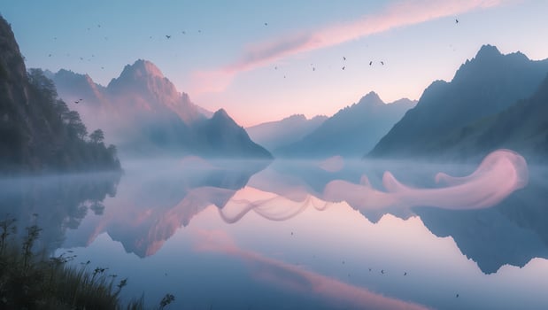 Mountain Lake Reflection with Fog and Pink Sky photo