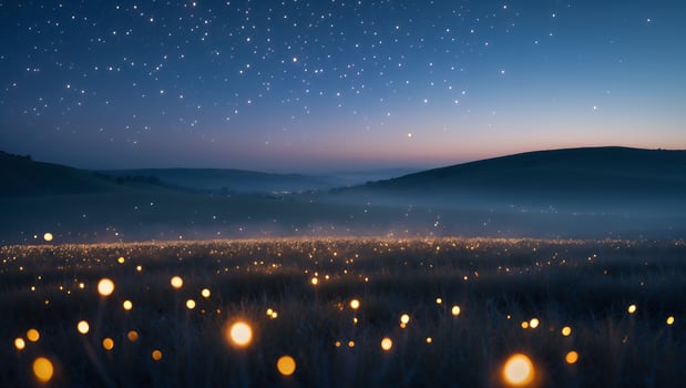 Night Field with Fireflies, Starry Sky, Landscape photo