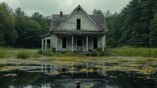 Abandoned farmhouse reflecting in a murky pond, surrounded by overgrown vegetation, under a cloudy sky photo