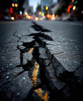 A crack in the road is shown in the middle of the street photo