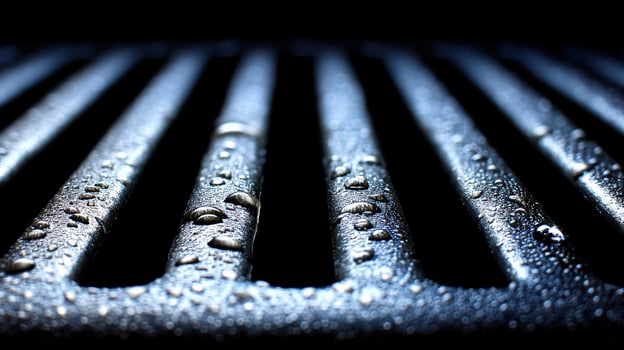 A close up of a grill with water droplets on it photo