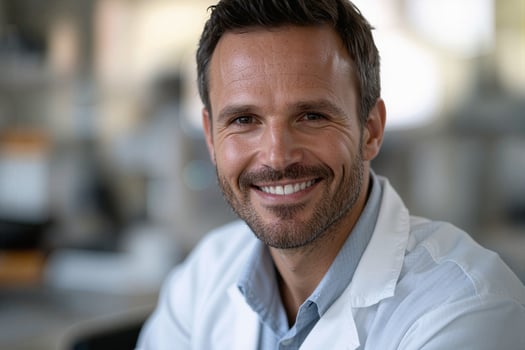 Portrait of smiling doctor wearing lab coat in laboratory setting photo