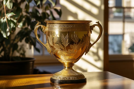 Golden trophy stands on wooden table representing victory and achievement photo