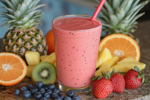Delicious pink smoothie surrounded by fresh fruit and pineapple photo