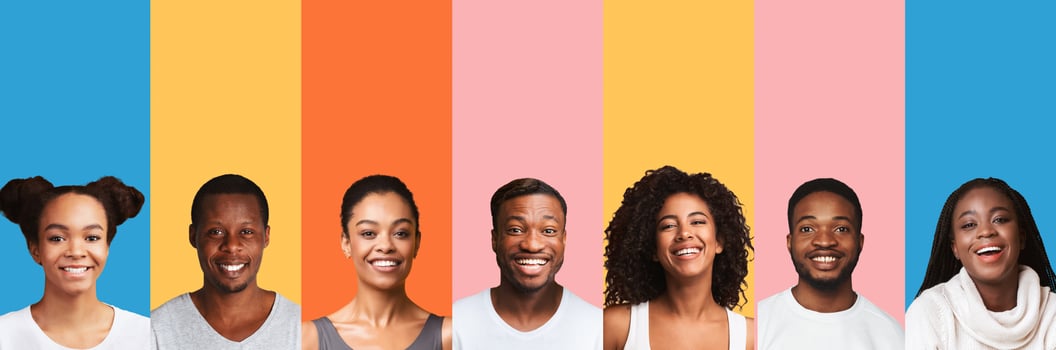Collage Of African American Millennial People Portraits On Bright Colorful Backgrounds. Collection Of Happy And Beautiful Black Female And Male Headshots. Panorama photo