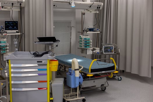 Moscow, Moscow region, Russia - 03.09.2023.Medical patient bed and advanced equipment in a contemporary hospital room photo
