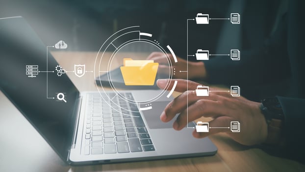 Document Management System DMS, Businessman using digital documents to search, store, archive and manage and to reduce paper. Solution for paperless office. photo