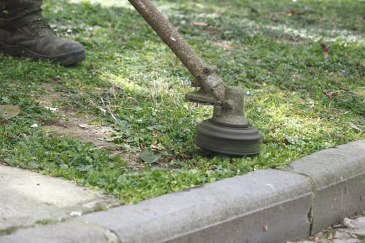 Lawn maintenance with trimmer along pavement in urban park photo