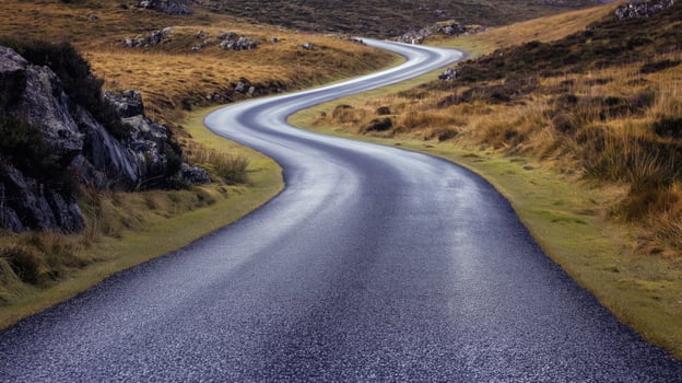 Curved asphalt road winding through highlands with mountains in background photo
