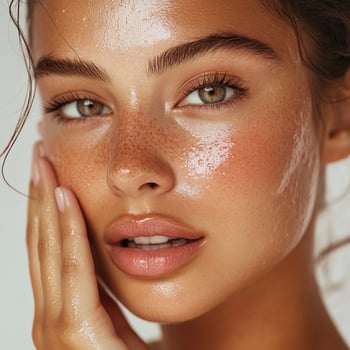 Radiant beauty portrait with natural freckles and glowing skin photo