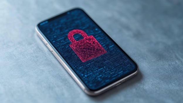 Secure mobile phone with digital lock symbol on screen, representing data protection and privacy photo
