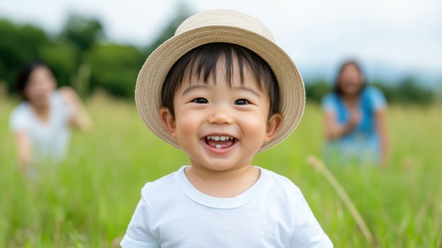 A young boy is smiling in a field photo
