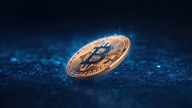 Digital currency coin glowing in dark background, symbolizing modern finance and technology photo