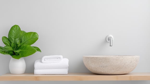Natural bathroom with stone sink, towels, and green plant creates serene atmosphere photo