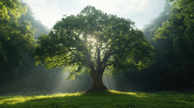 Majestic tree with sunlight filtering through leaves, creating serene atmosphere photo