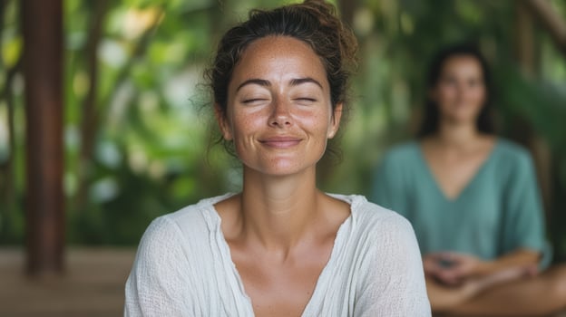 A woman meditating in a yoga class photo
