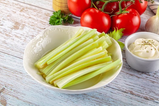 Celery in a bowl with tomatoes and garlic photo