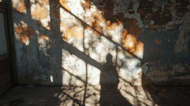 Sunlight Shadows Decaying Interior with a Human Silhouette Cast Upon a Cracked Wall photo