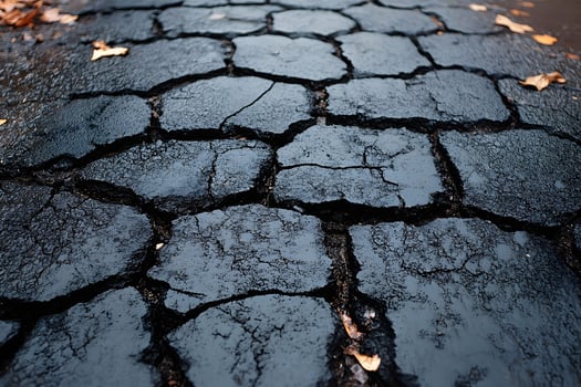 Cracked Asphalt Roadway with Autumn Leaves - Urban Texture and Infrastructure Concept photo