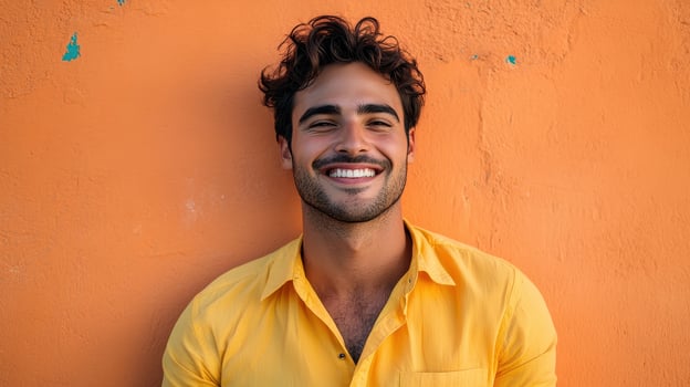 A man is smiling while standing in front of an orange wall photo