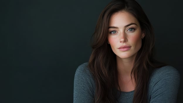 Female model poses with a calm expression against a dark background in a studio setting, showcasing natural beauty and minimal makeup style photo