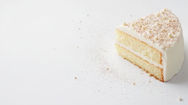 Soft cake slice with creamy frosting and fine sugar dust on a plain background in natural light photo