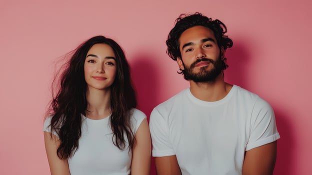 Stylish young couple posing confidently against a vibrant pink background in a modern studio setting photo