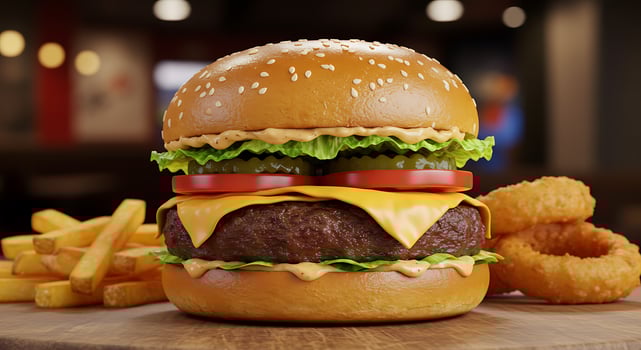 Ultra-Realistic Burger with Melting Cheese in Upscale Restaurant photo