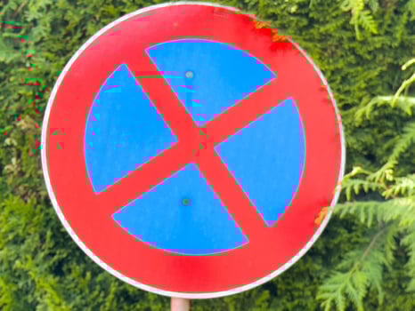 Red and blue no parking sign against lush greenery photo