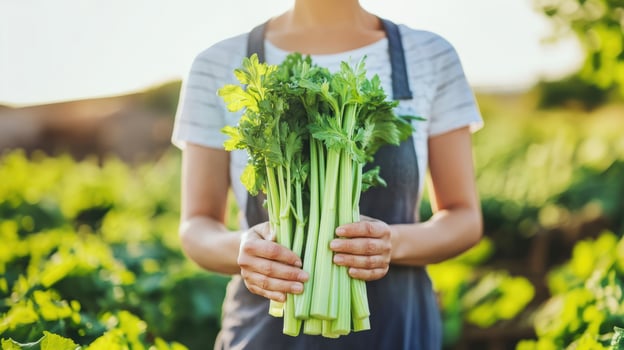 Farmer holds fresh celery in a vibrant green field during golden hour photo