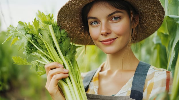 Young woman harvesting fresh celery in a green field during a sunny day photo