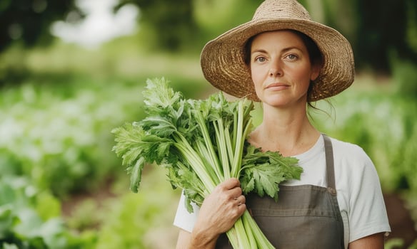 Woman holding freshly harvested celery in a green garden during daylight hours photo