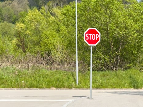 Isolated stop sign on peaceful countryside road against green forest backdrop photo