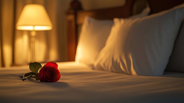 A rose is placed on a bed with white sheets photo