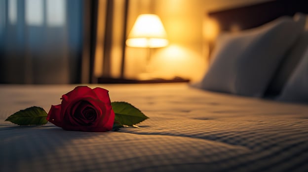 A single red rose sits on a bed in a hotel room photo