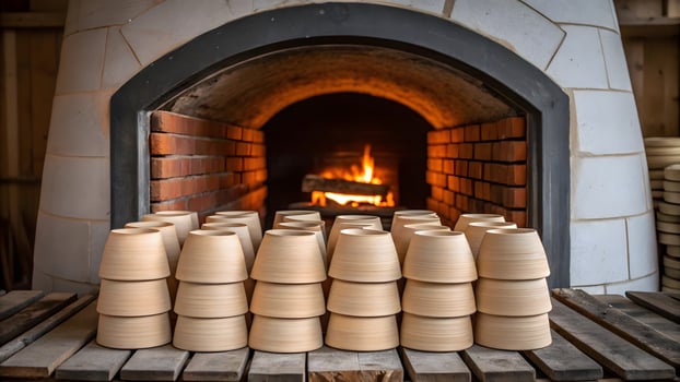 Ceramic bowls arranged before a warm kiln in a pottery studio photo