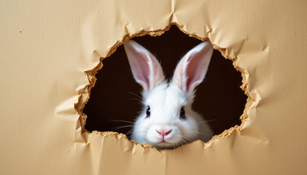 fluffy white easter bunny peeking through torn paper hole, playful charming holiday spirit, adorable easter celebration image photo