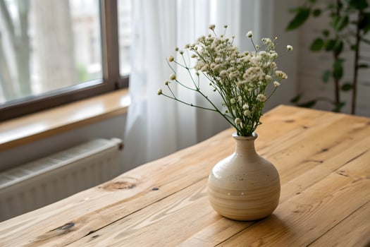 Wooden Table Vase Small White Flowers Rustic Decor Photo